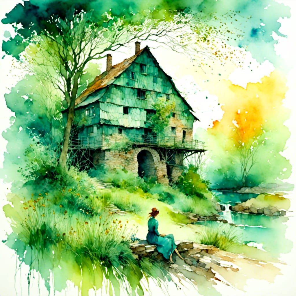 Woman in Garden at Dawn, Watercolor Style