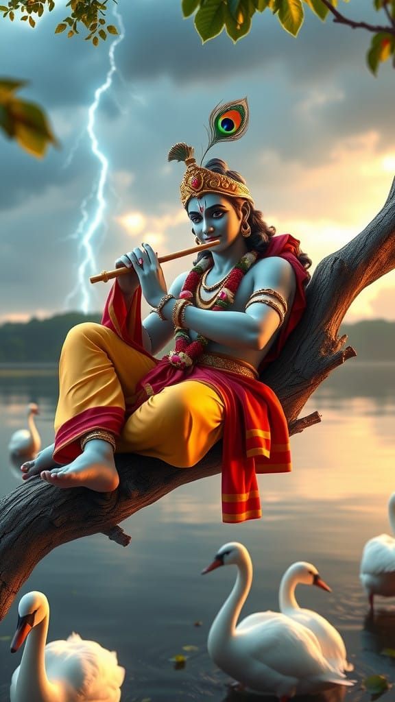 Lord Krishna in Serene Nature, Playing Flute Amidst Tranquil...
