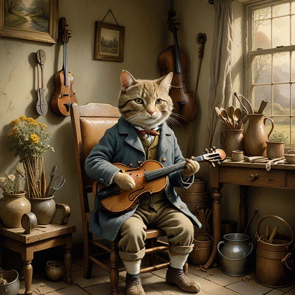 Whimsical Cat in Rustic English Countryside