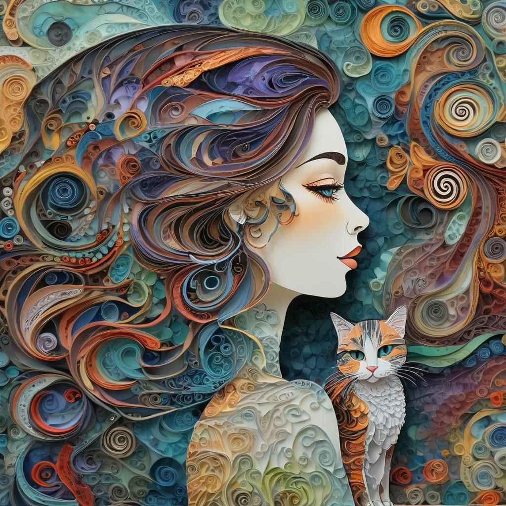 Woman and Cat in Alcohol Ink Zentangle Style