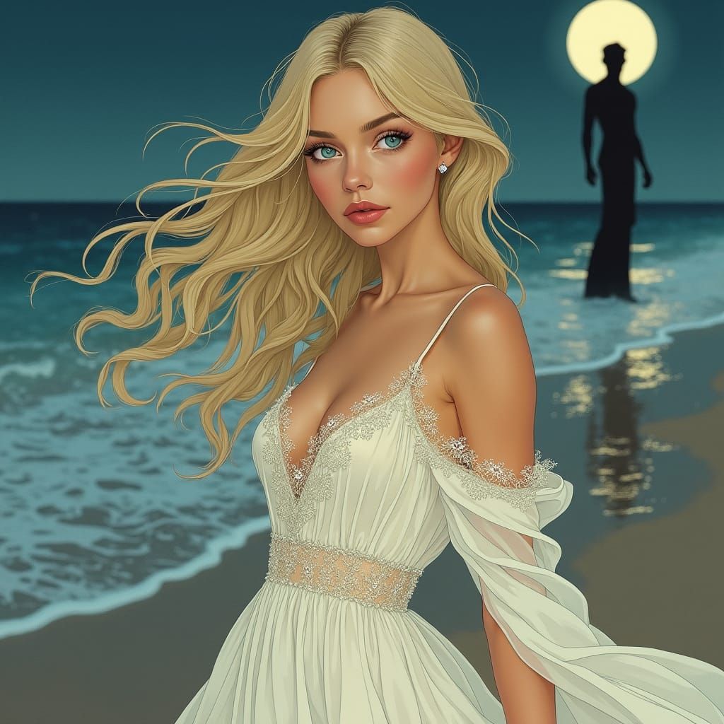 Romantic Blonde Woman on Moonlit Beach Illustration