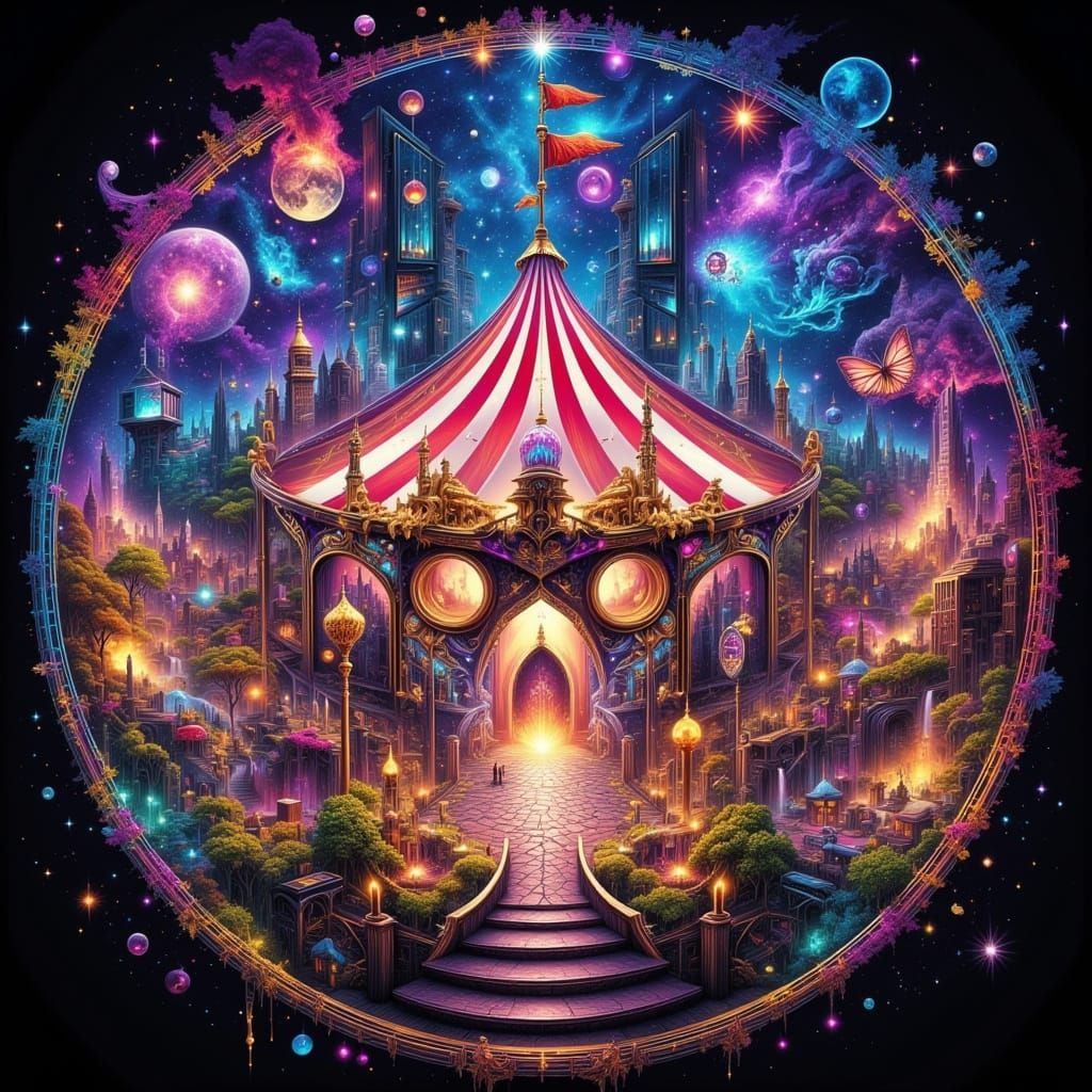 Surreal Time-Traveling Circus in Abstract Style