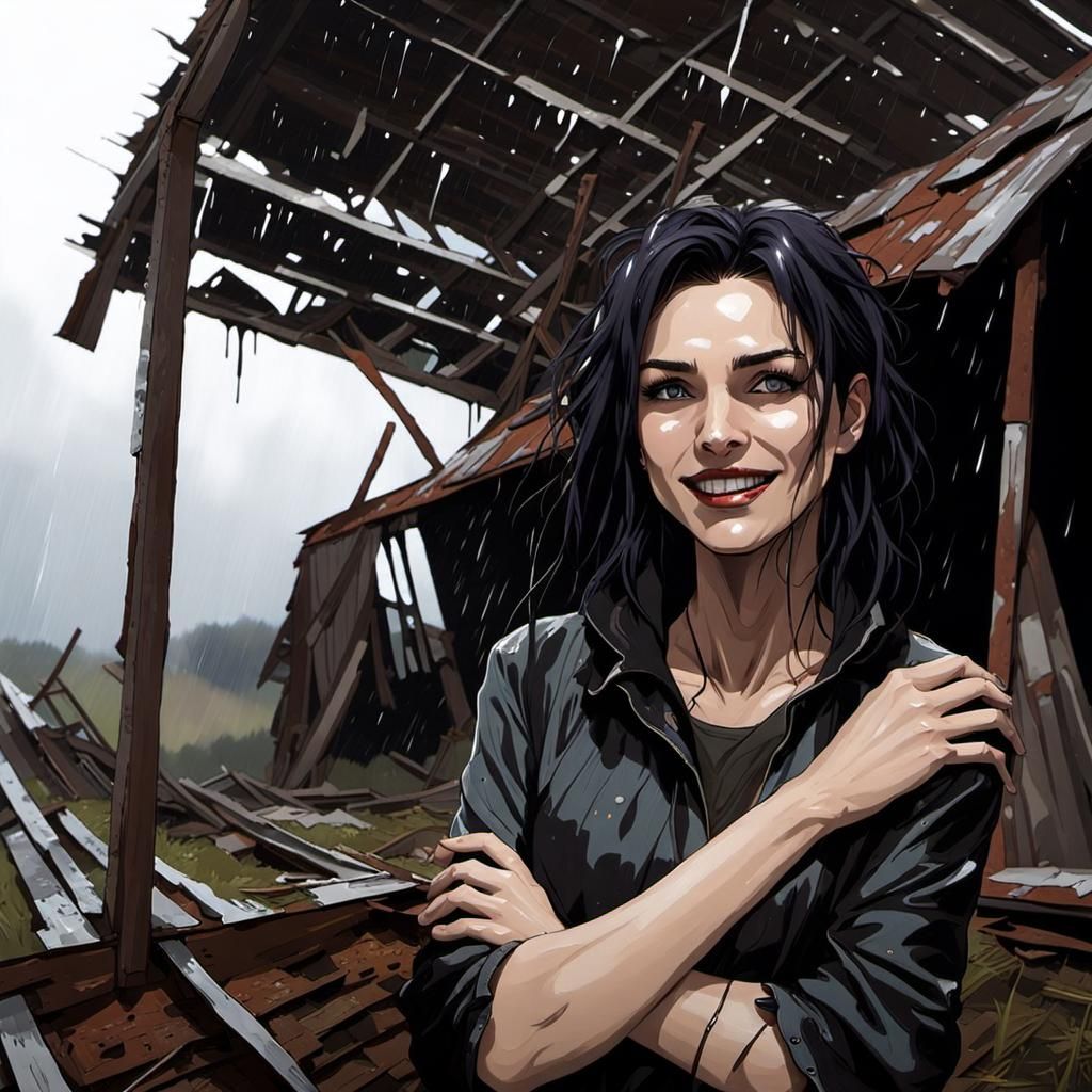 Girl with Defiant Smile in Rainy Black and White Drawing