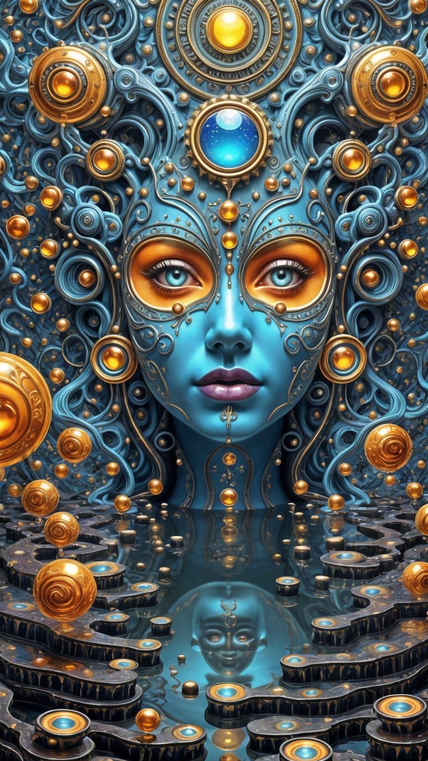 Blue Goddess Emerges from Pond Vortex in Airbrush Style