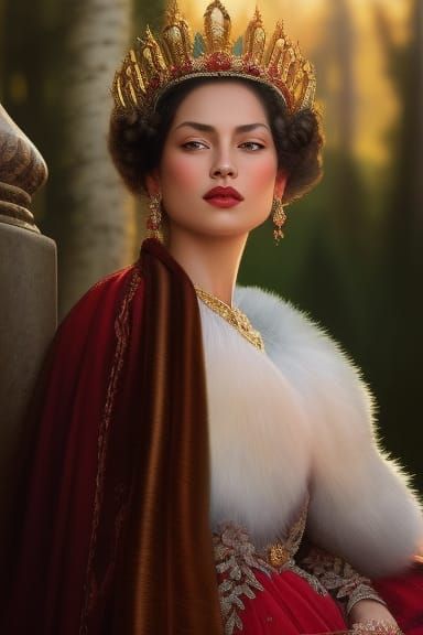 Queen in Red and Gold Gown, Detailed Mountainscape