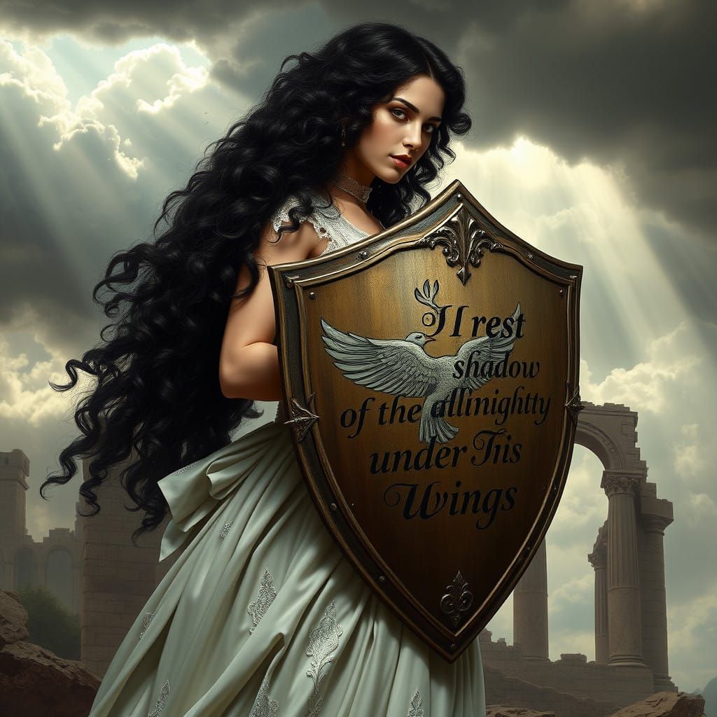 Gothic Warrior Maiden Defends Herself Behind Ornate Shield