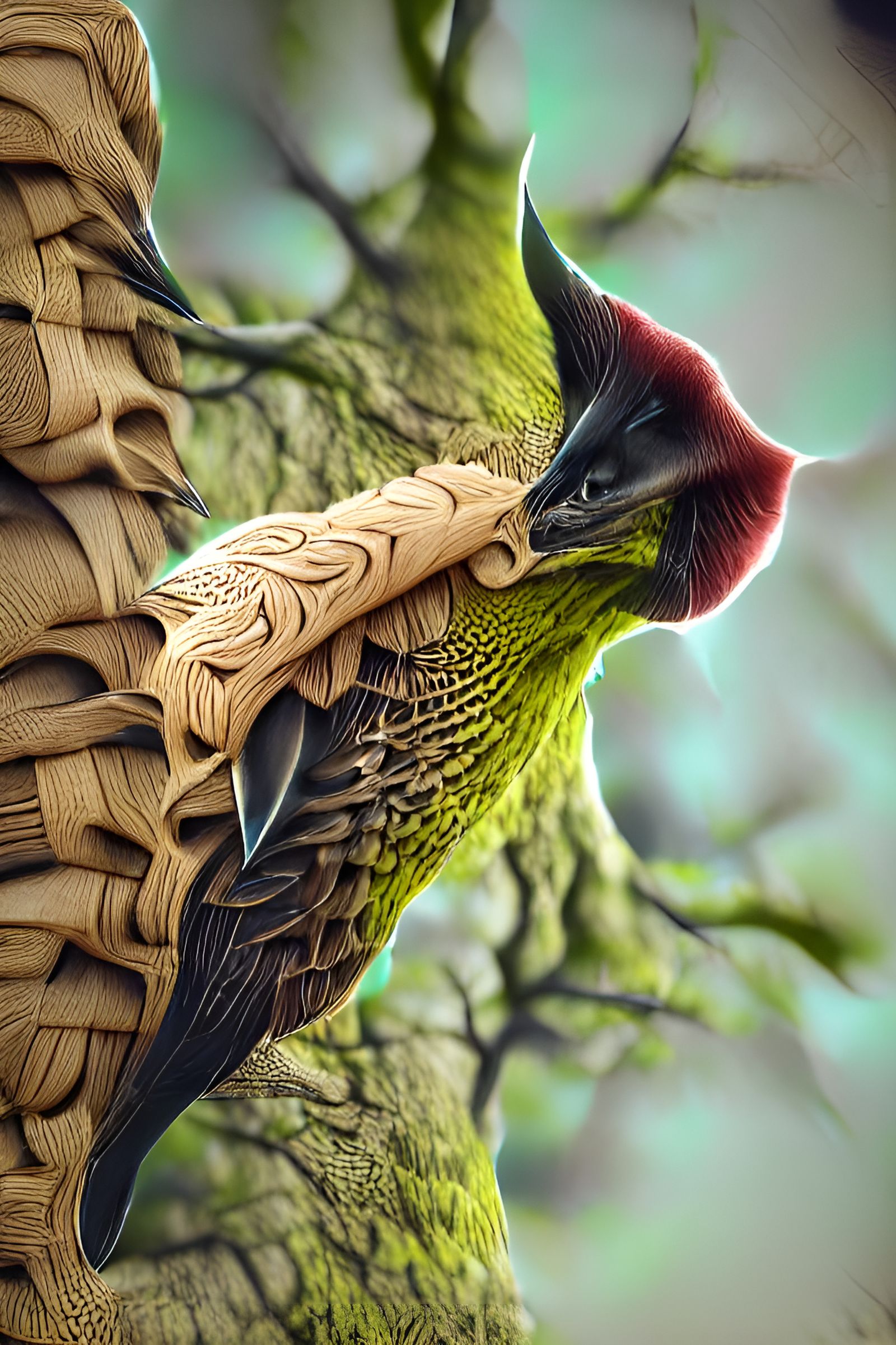 Green Woodpecker on Oak Tree: Digital Illustration