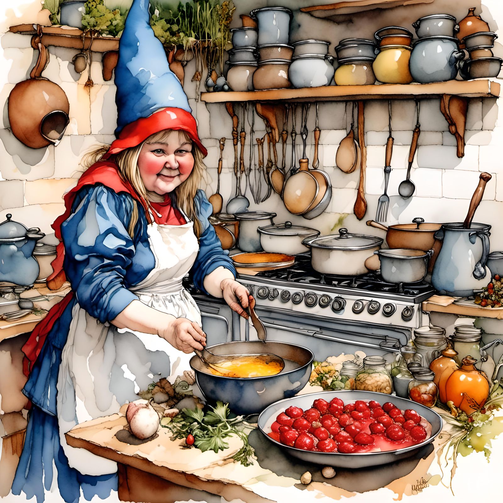 <lora:EnigmaticGarden3b-:1.0> female Garden gnome cooking in her kitchen, background,Hyperrealistic, hyperdetailed pen a...