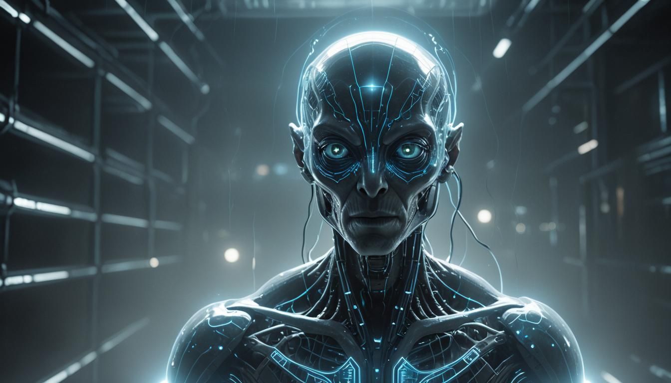 Humanoid Alien Hologram in Moody, Iridescent Atmosphere