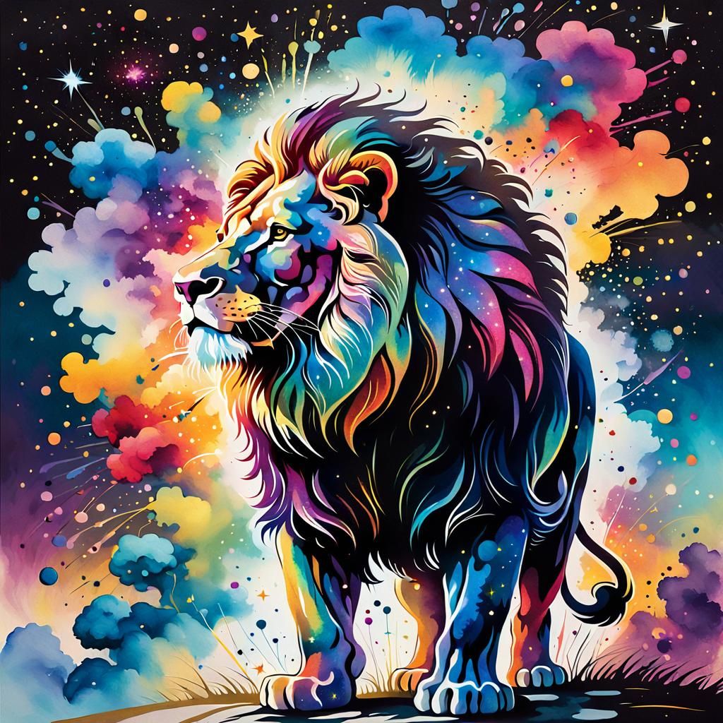 Lion Silhouette in Vibrant Ink Splatter Art