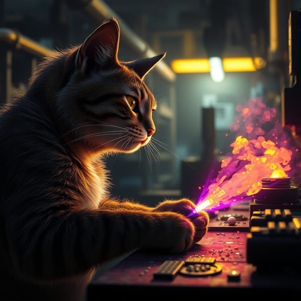 Cyberpunk Cat Factory Worker in Dark Fantasy Style
