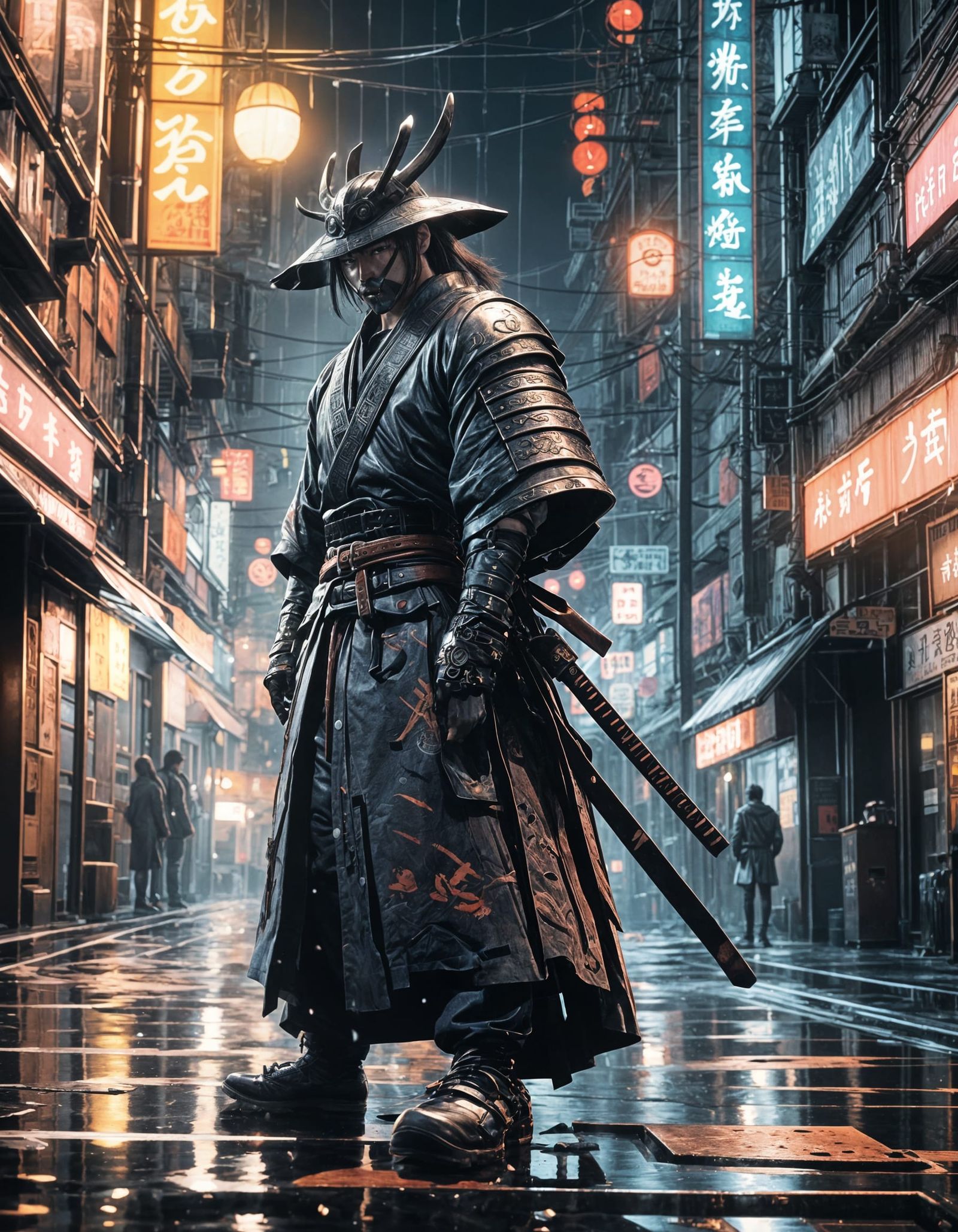 Street Chiaroscuro Samurai in Manga Style