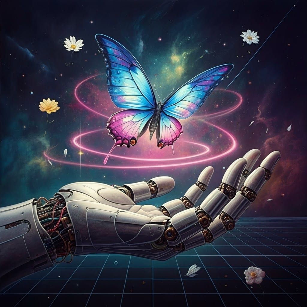 Robotic Hand Holding Ethereal Butterfly in Cyberpunk Style