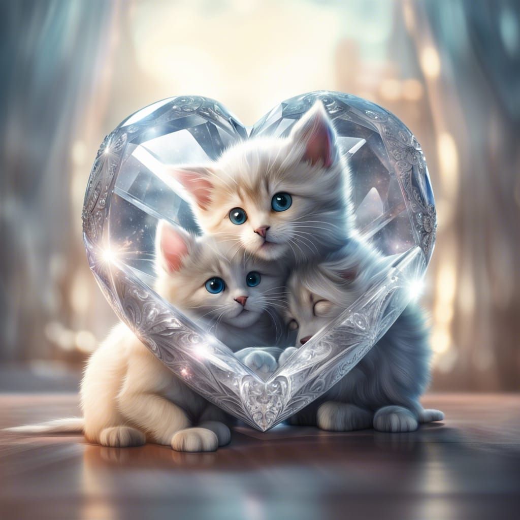 Kitten and Puppy Hug in Crystal Heart