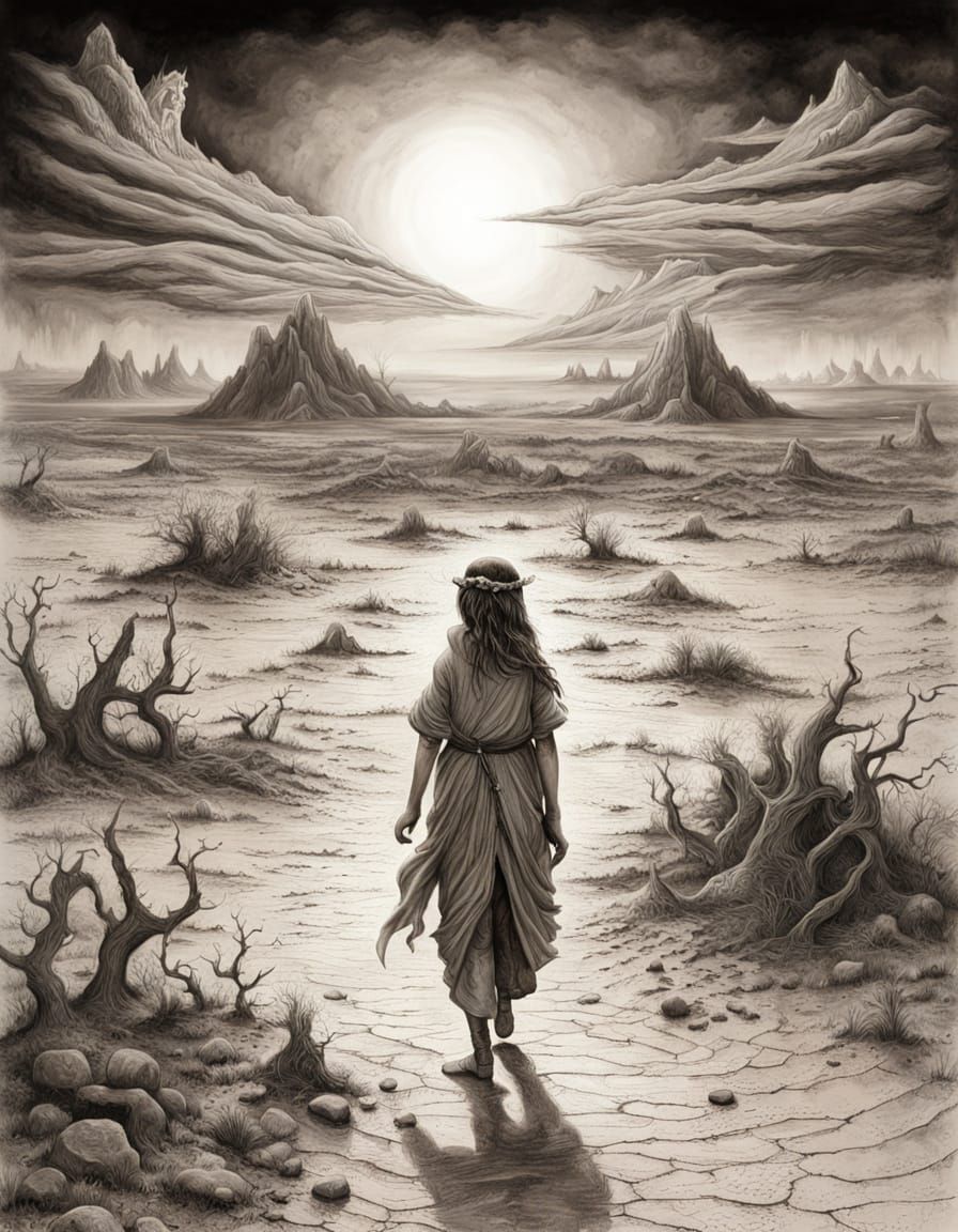Surreal Wanderer in Post-Apocalyptic Landscape