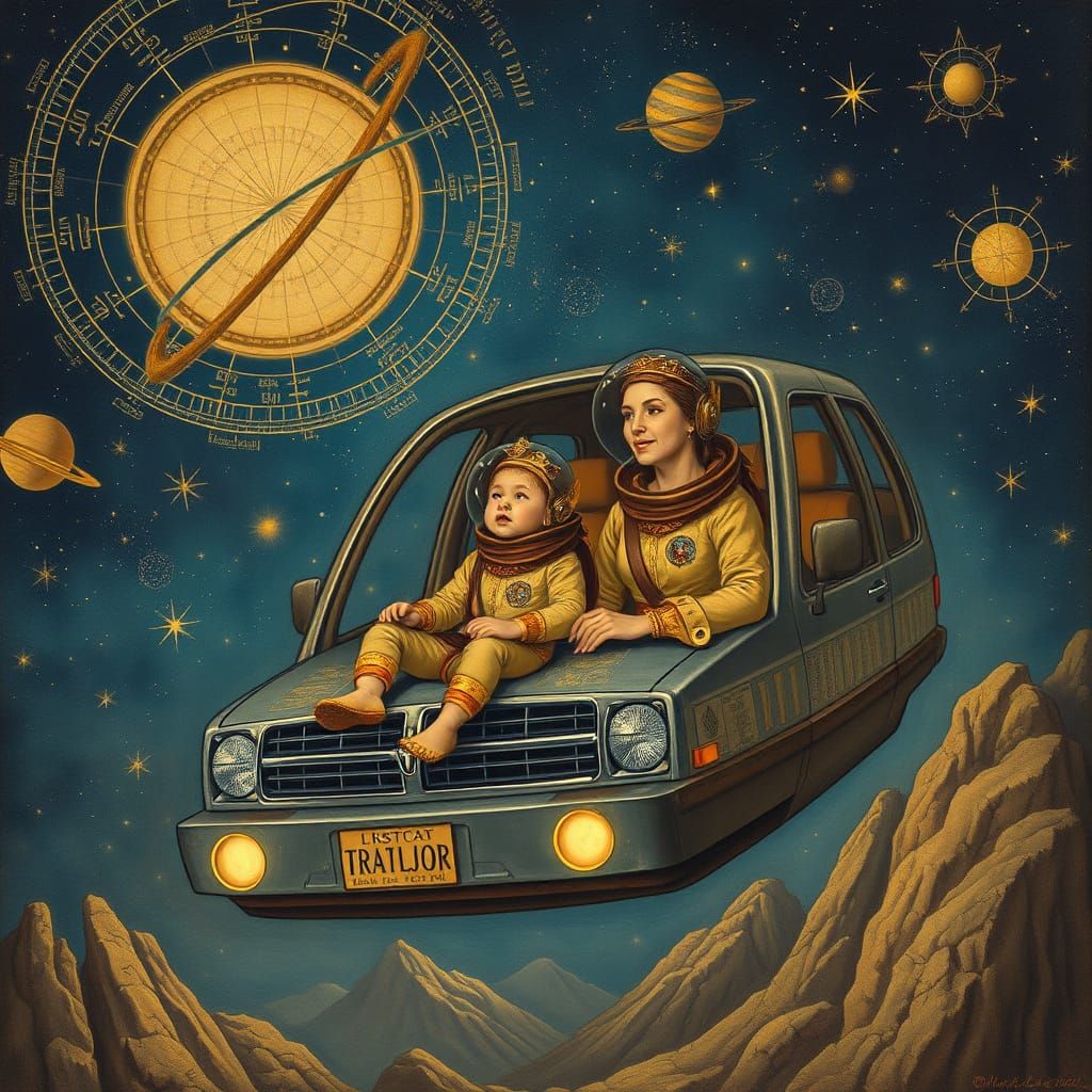 Space travel in a Dodge Minivan. in the style of Da vinci