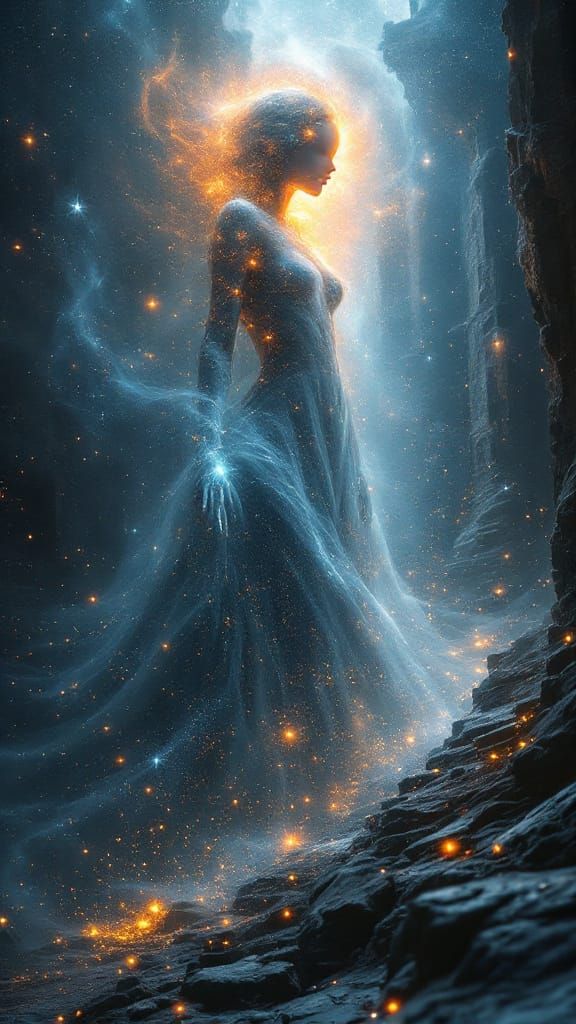Ethereal Goddess of Stardust in Celestial Ruins