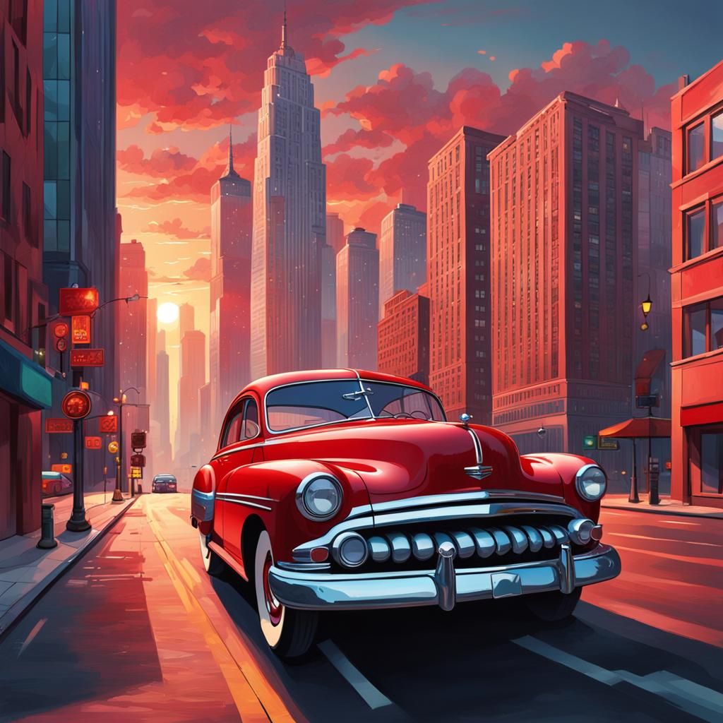 Classic Red Car in City at Sunset
