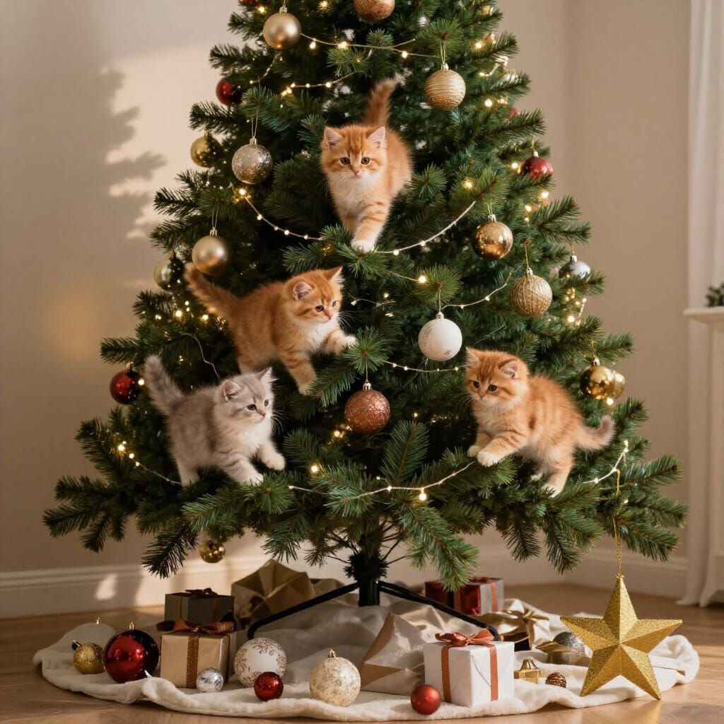 Kittens Ascend Majestic Christmas Tree in Photorealistic Sty...