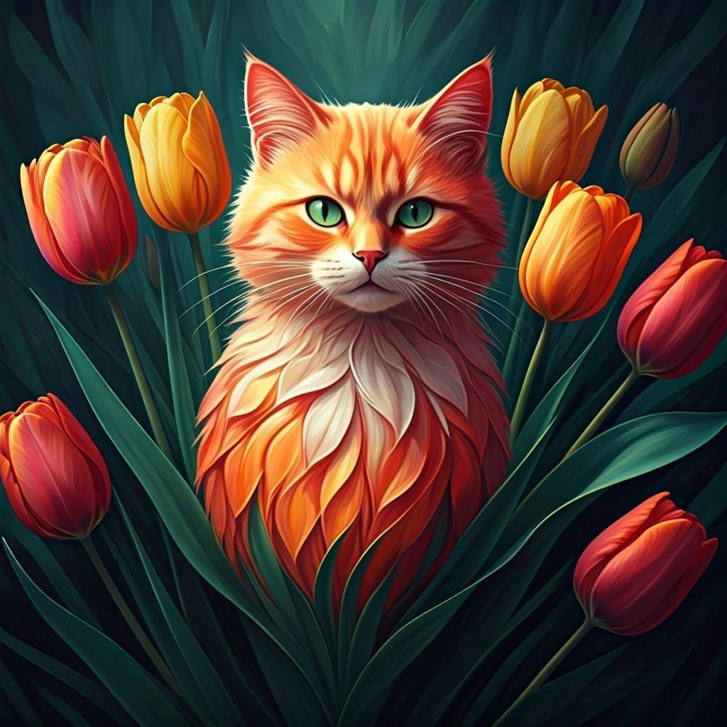Whimsical Tulip Cat in Vibrant Watercolor Style