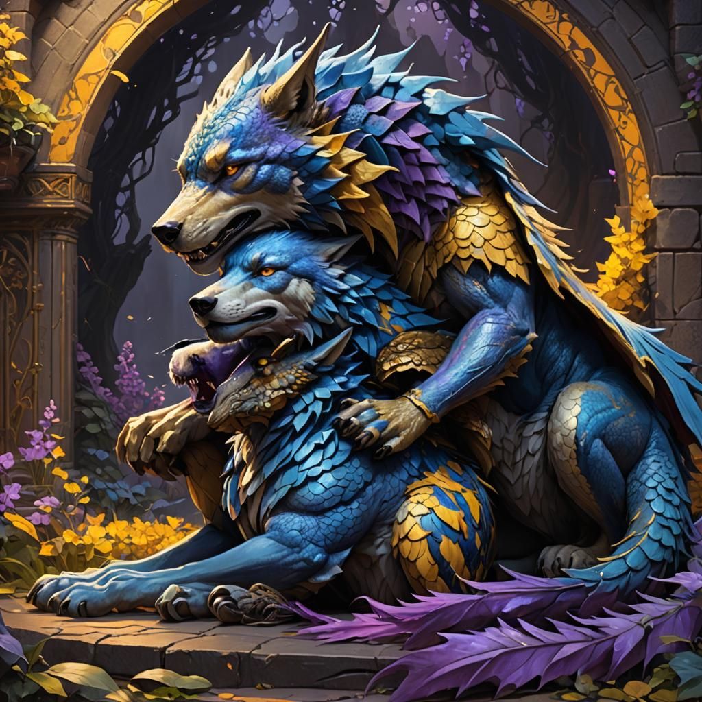 Fantasy Art: Wolf and Dragon Cuddling