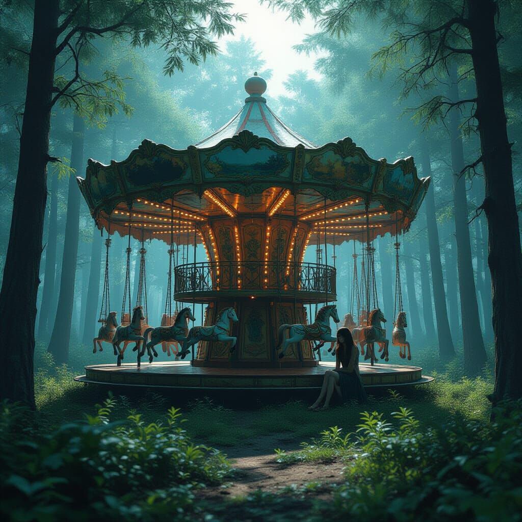 Abandoned Carousel in Misty Forest Clearing
