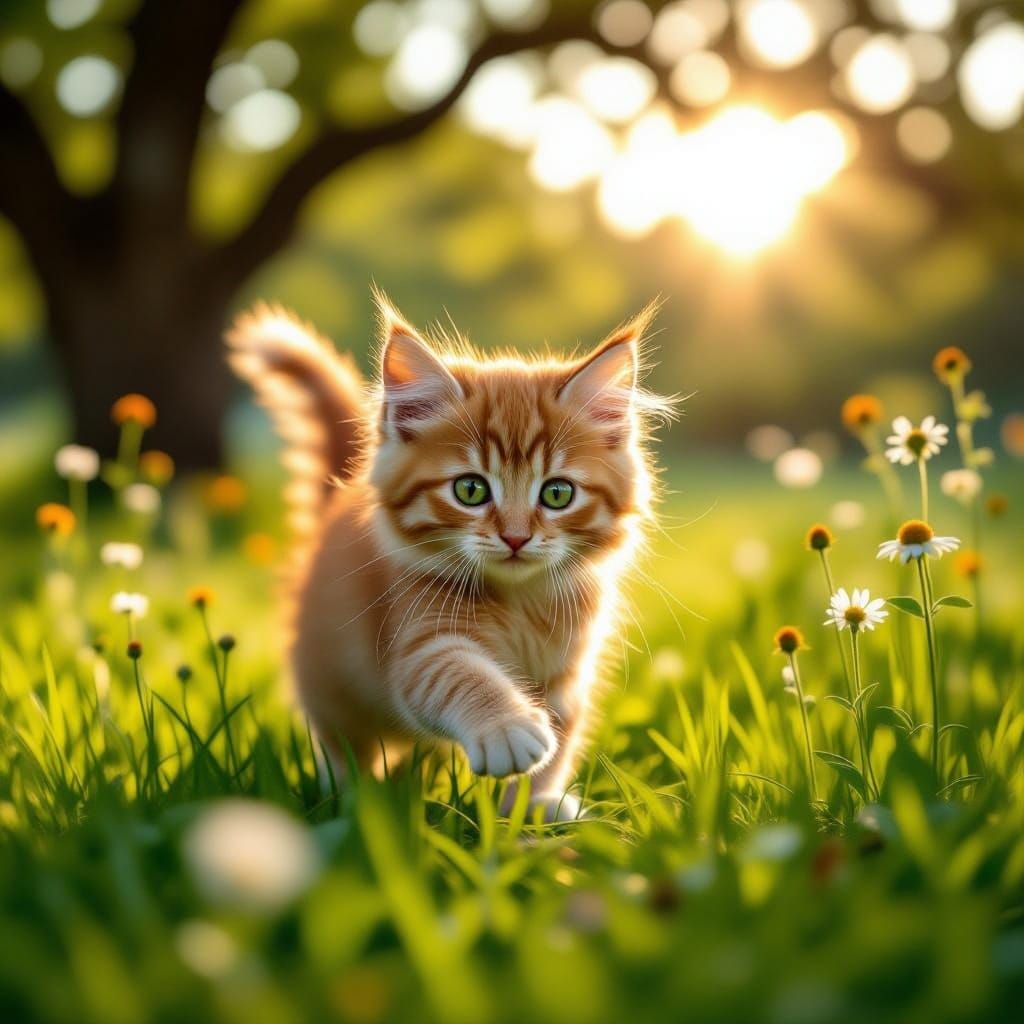 Fluffy Ginger Kitten Pouncing in Sun-Drenched Park