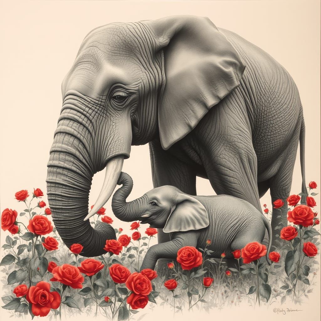 Hyperdetailed Charcoal Drawing of Elephant Mum and Newborn i...