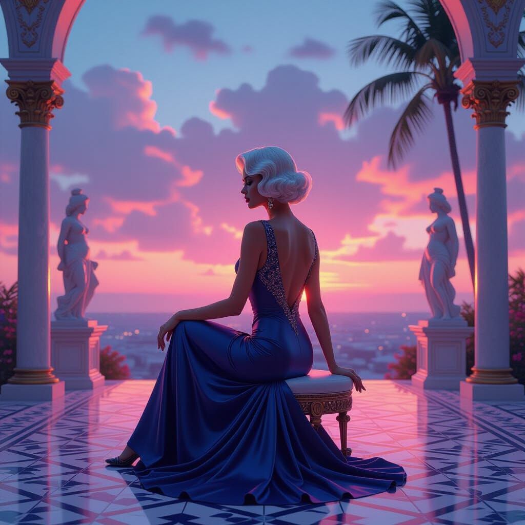 Art Deco Woman on Patio with Neon Sunset