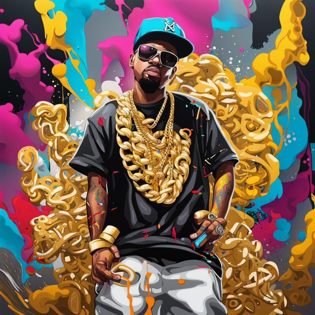 Baggy clothes, sunglasses, and wings made of gold chains