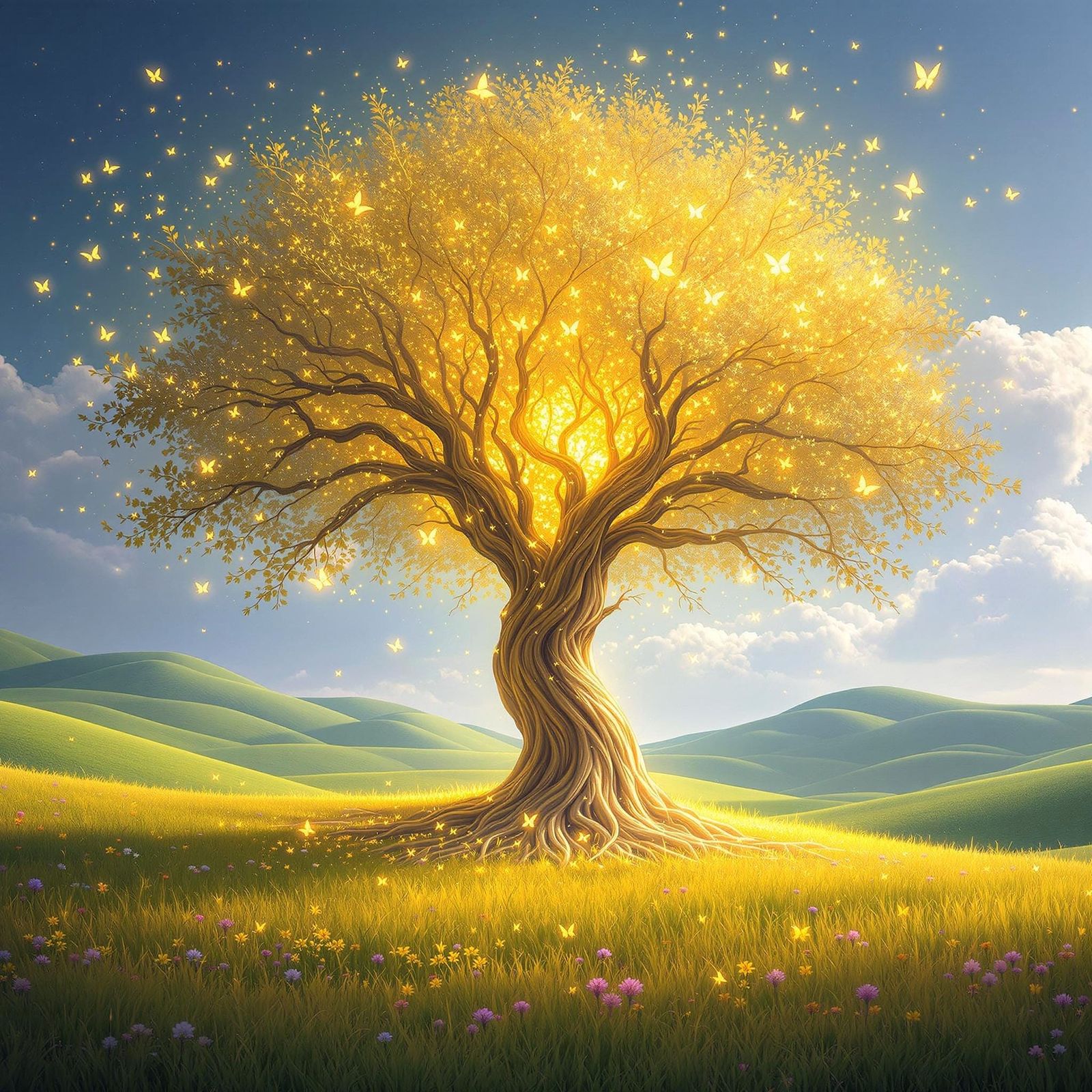 Golden Tree of Whispers in a Dreamy Meadow