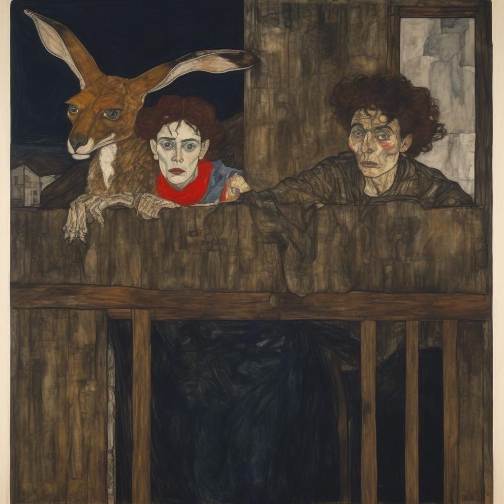 Egon Schiele Style: Kangaroos in a Chaotic Fairytale