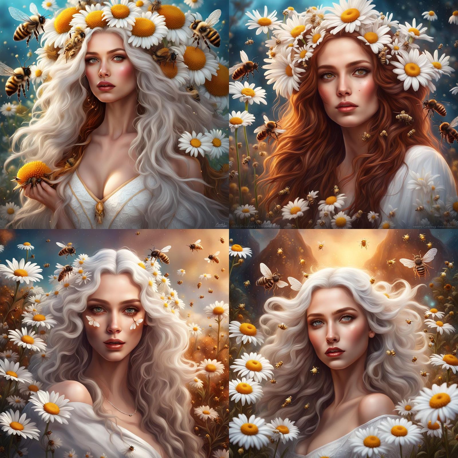 Goddess Portrait with Bees and Daisies: Fantasy Art