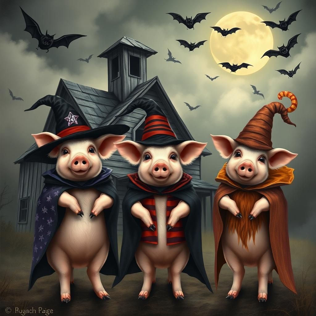 Whimsical Witch Piglets at Haunted Farmhouse