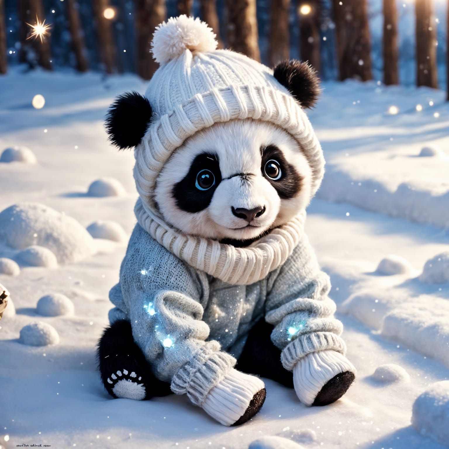 Cute Baby Panda in Winter Outfit with Sparkles