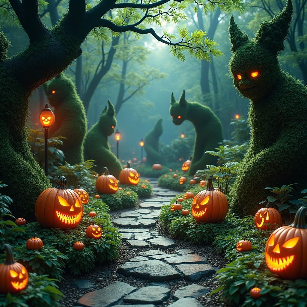 Mystical Halloween Garden with Glowing Topiaries