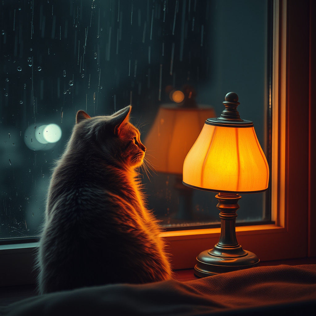 Cozy Cat Watching Rain Pouring Outside