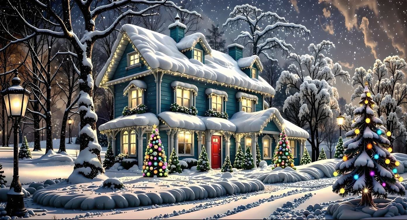 Blue Capri Christmas House with Gold Accents