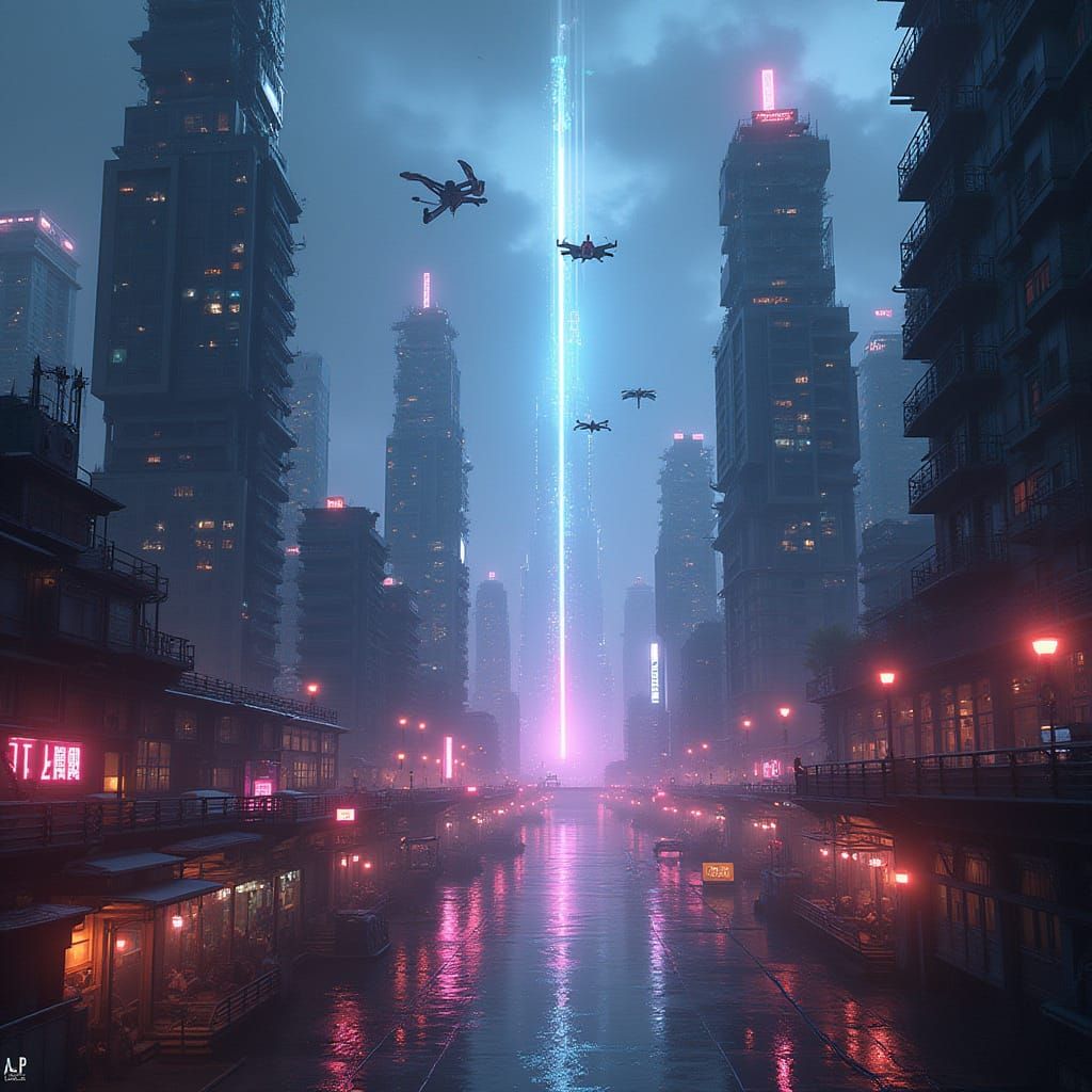 Vibrant Cyberpunk Cityscape with Floating Machines