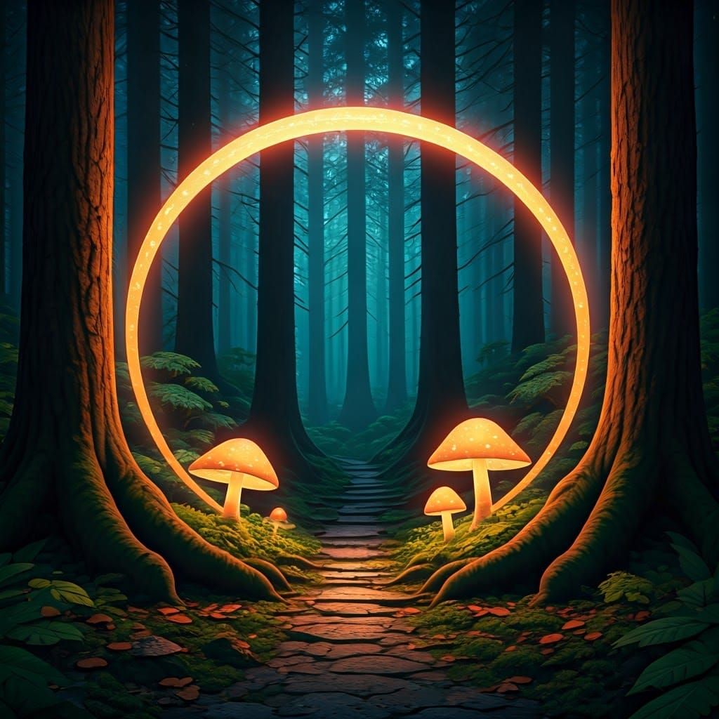 Ethereal Forest Mushroom Circle Radiates Mysterious Light