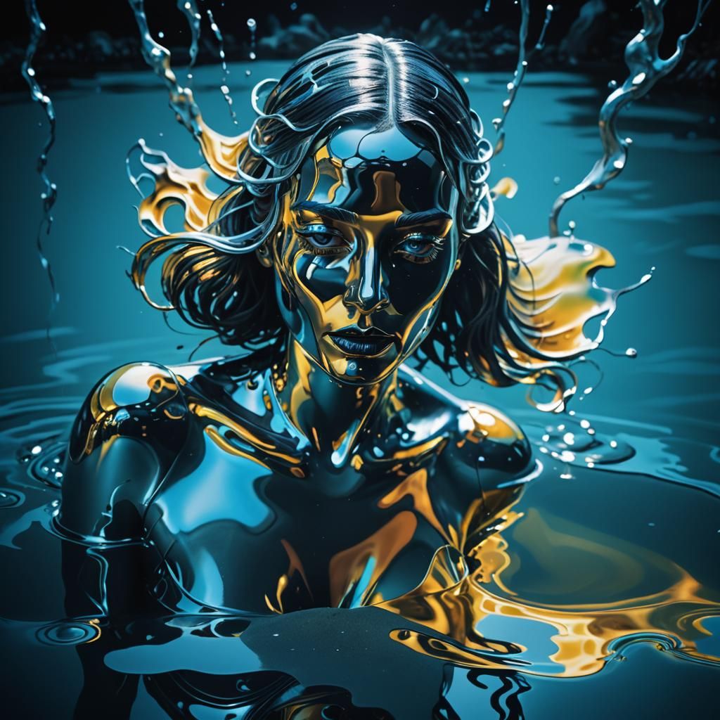 Surreal Chrome Girl Melts in Metal Lake