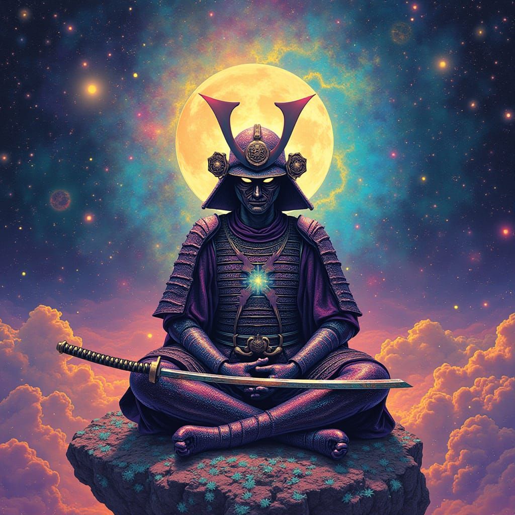 Cosmic Samurai Meditating Among Alien Flora