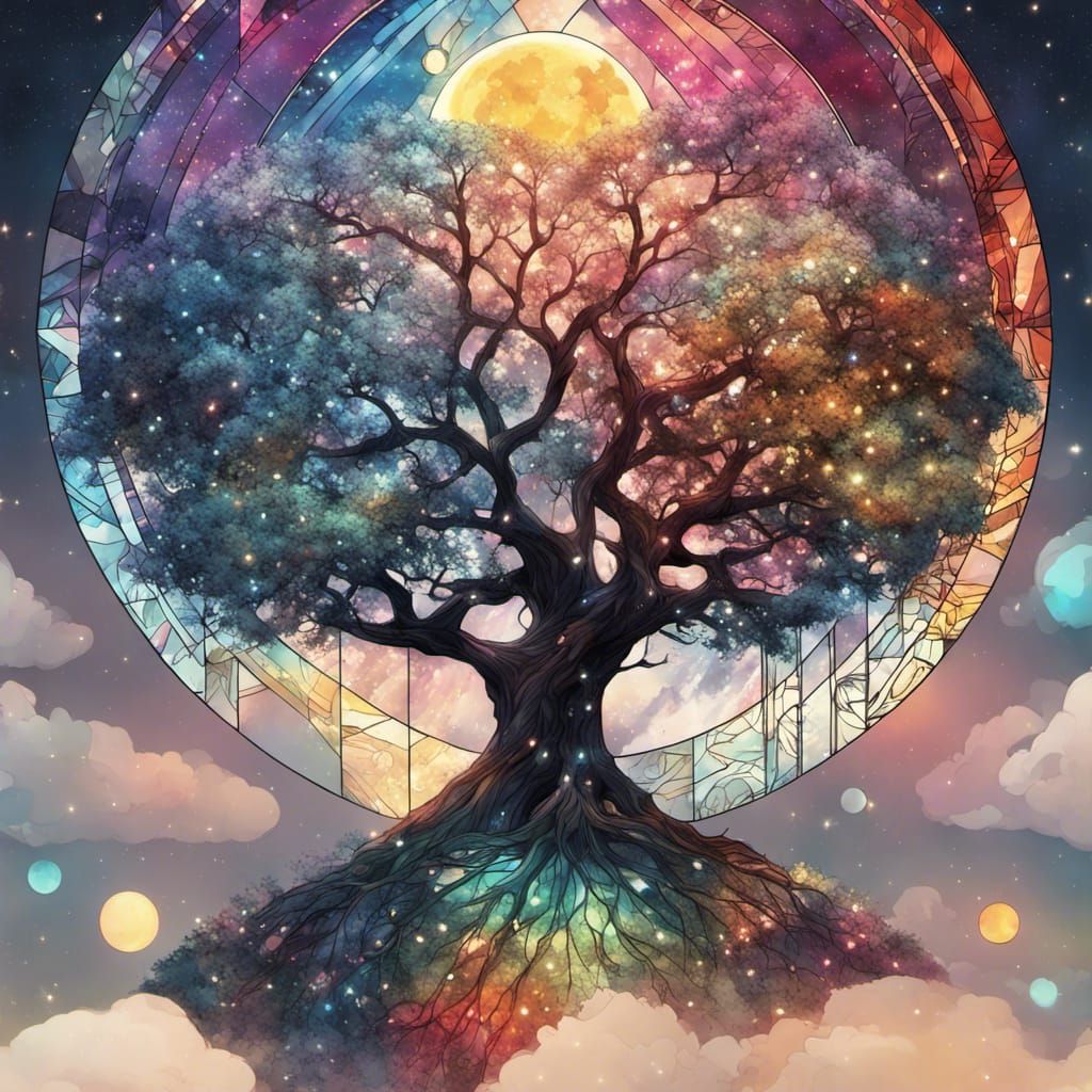 Stained Glass Tree of Magic in Fantasy Landscape