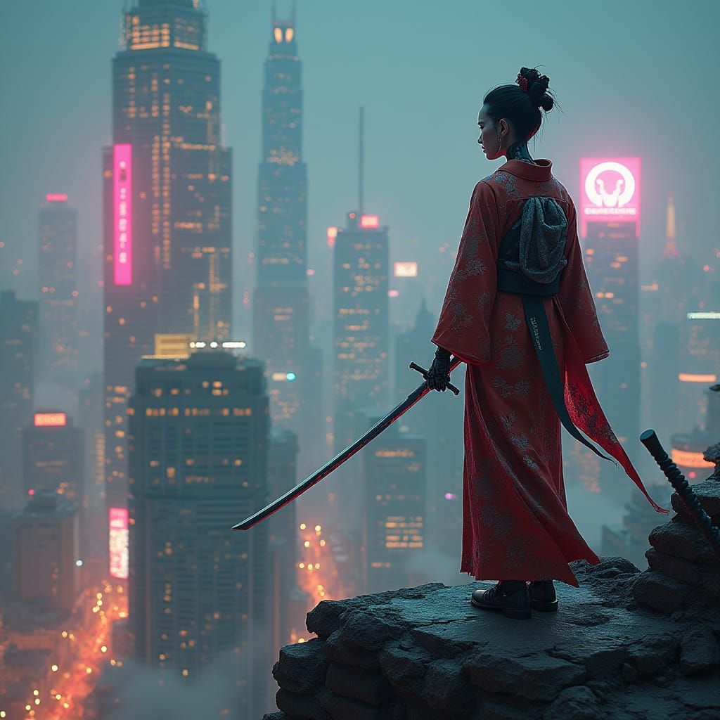 Cyberpunk Geisha Overlooks Neon Cityscape