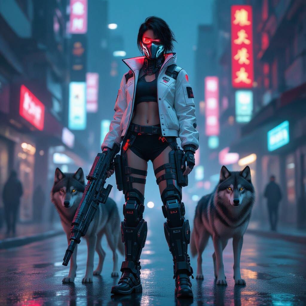 Cyberpunk Asian Woman with Wolves in Neon City
