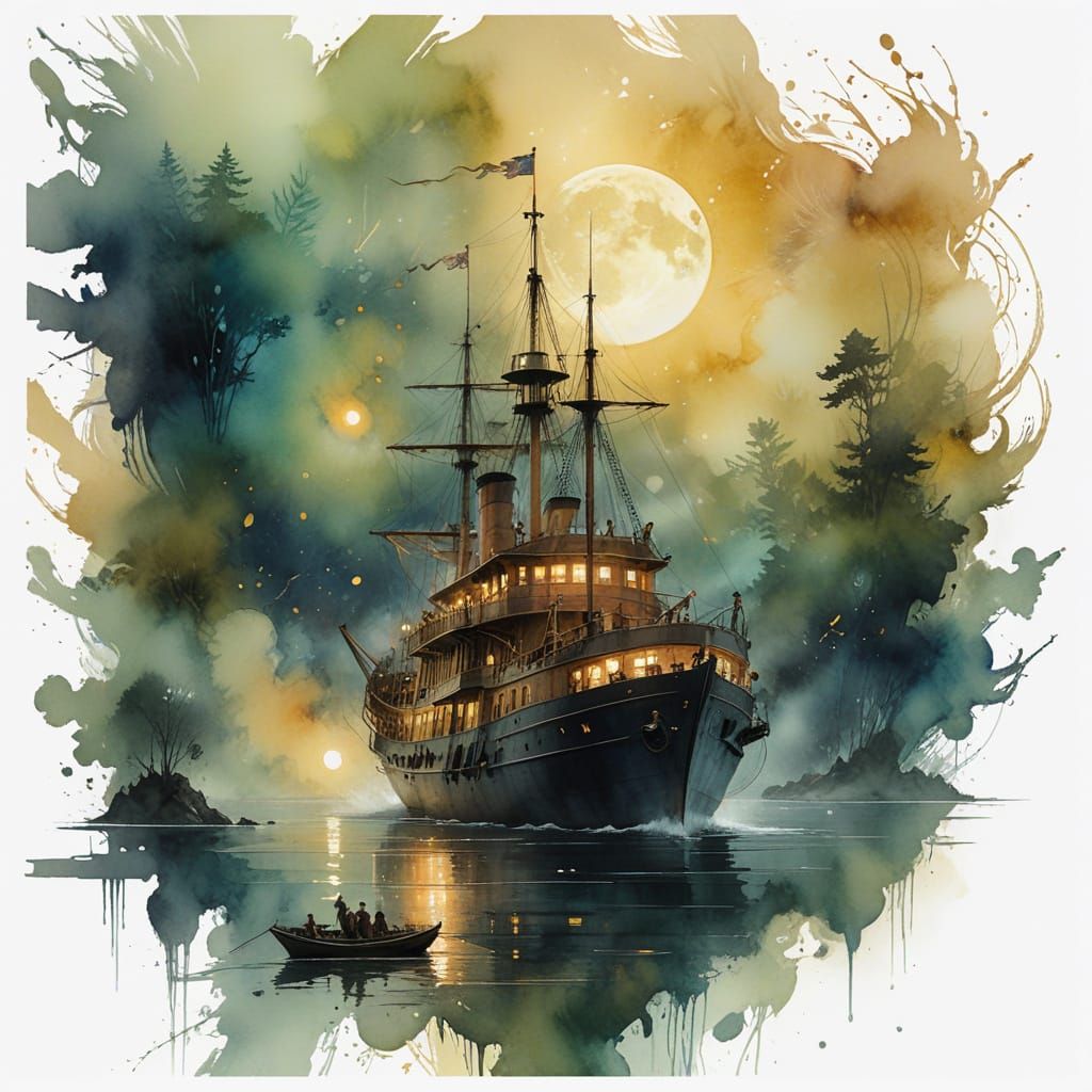 Steamship Under Luminous Full Moon, Enchanted Harbor Scene