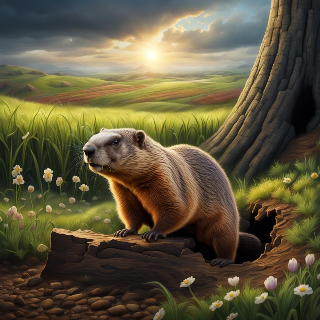 Groundhog Emerges into Spring Field: Digital Painting
