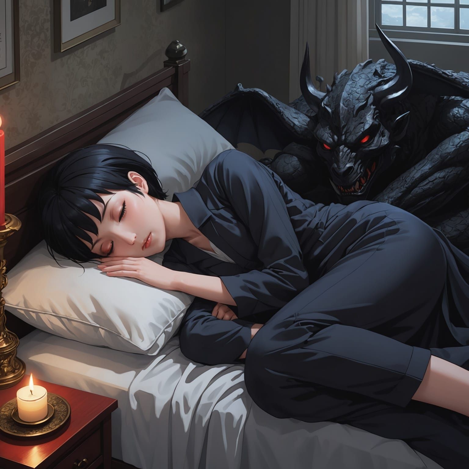 Anime Devil Woman Sleeping in Gloomy Room