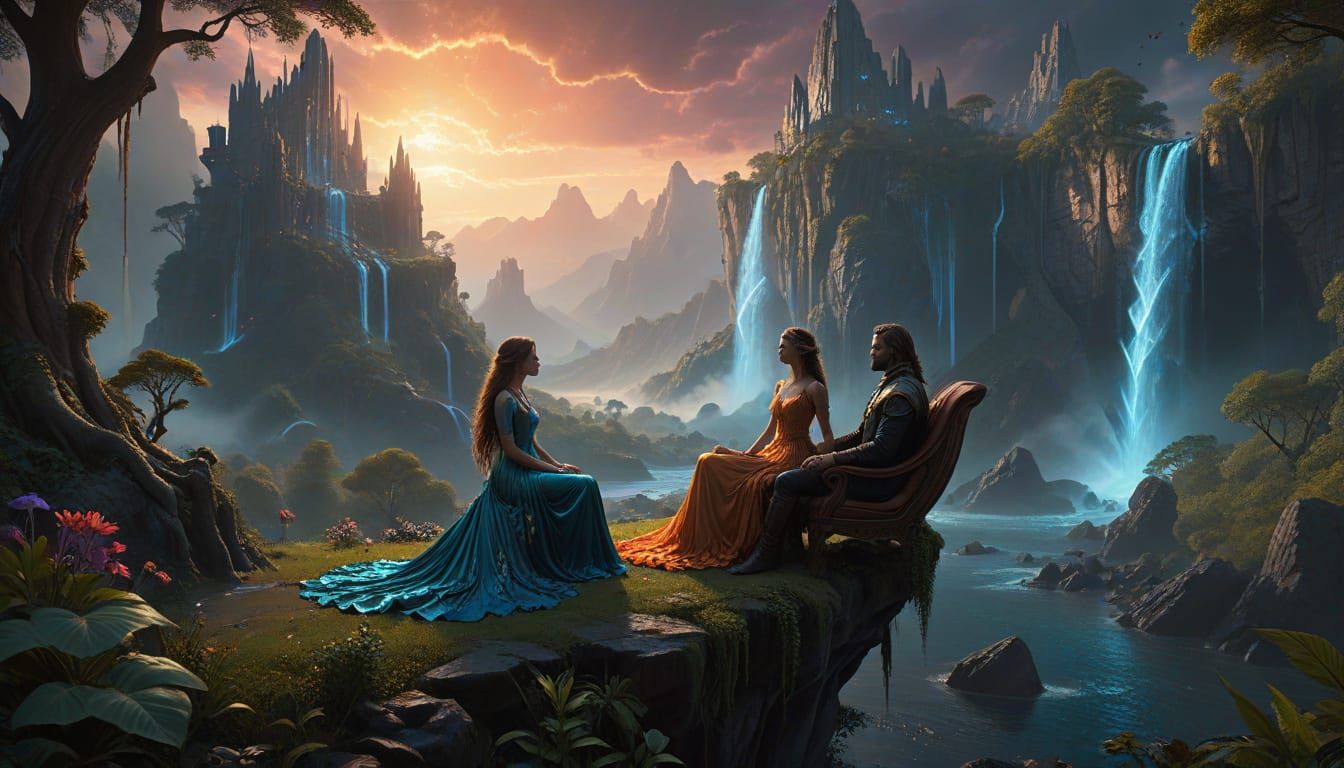 Alien World Vista with Bioluminescent Flora and Futuristic C...