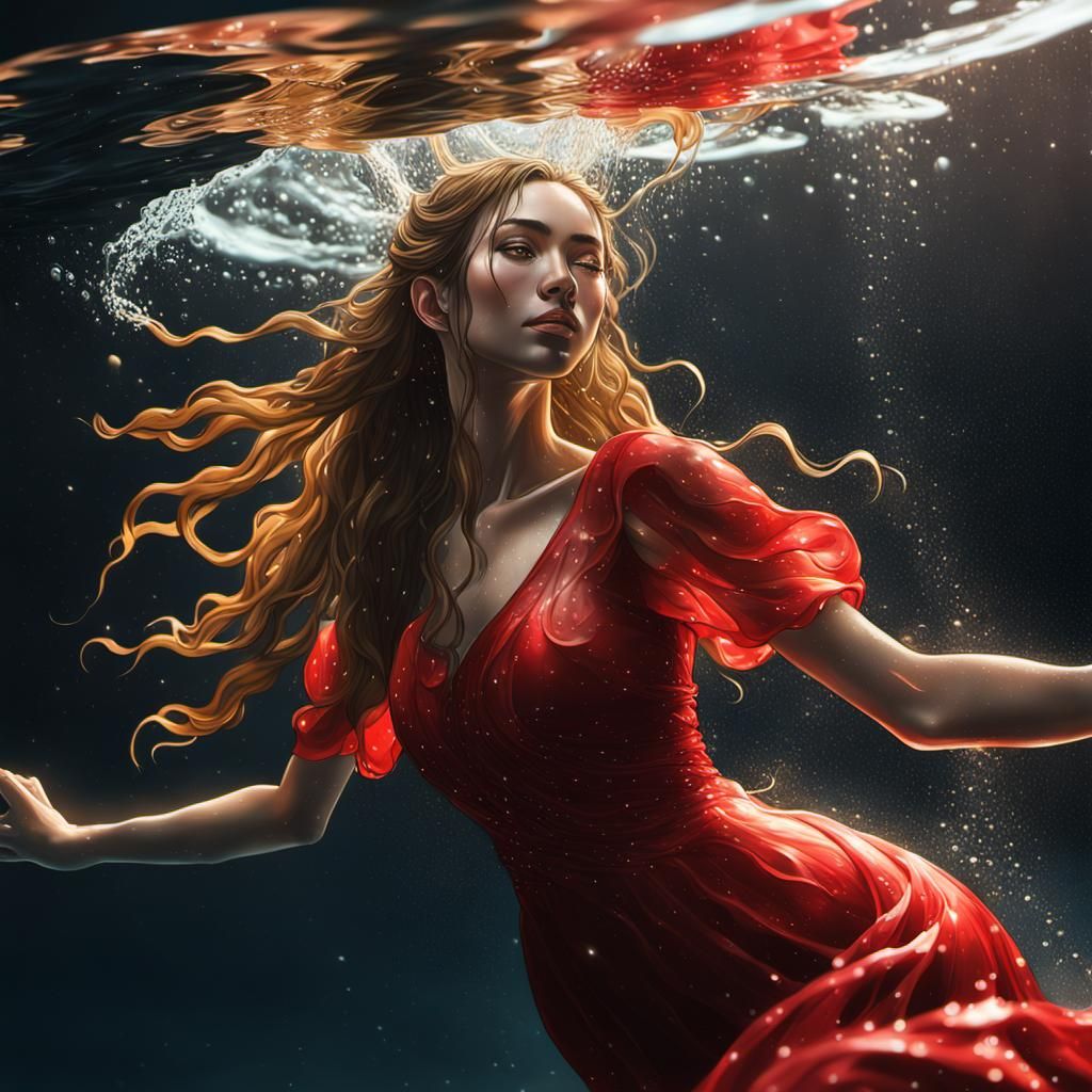 Anime Girl in Red Dress Underwater: Hyper-Realistic Art